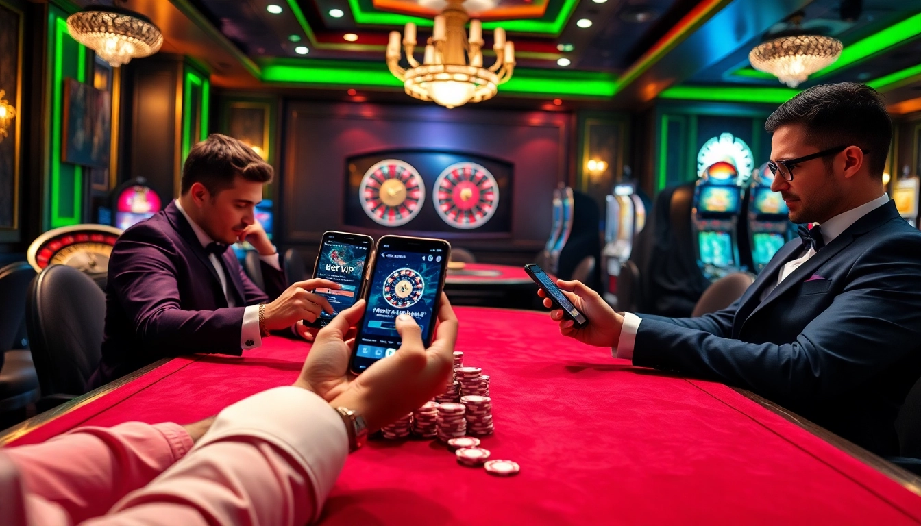 Thu hút người chơi cá cược bằng ứng dụng Bet VIP trong một casino sang trọng với màu sắc sống động và bầu không khí nhộn nhịp.