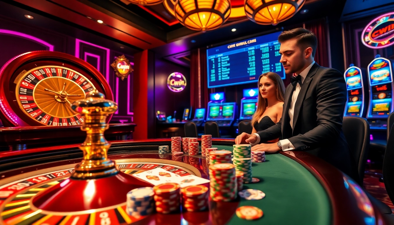 Experience the thrill of Cwin at a luxurious casino table with vibrant poker chips and a spinning roulette wheel.