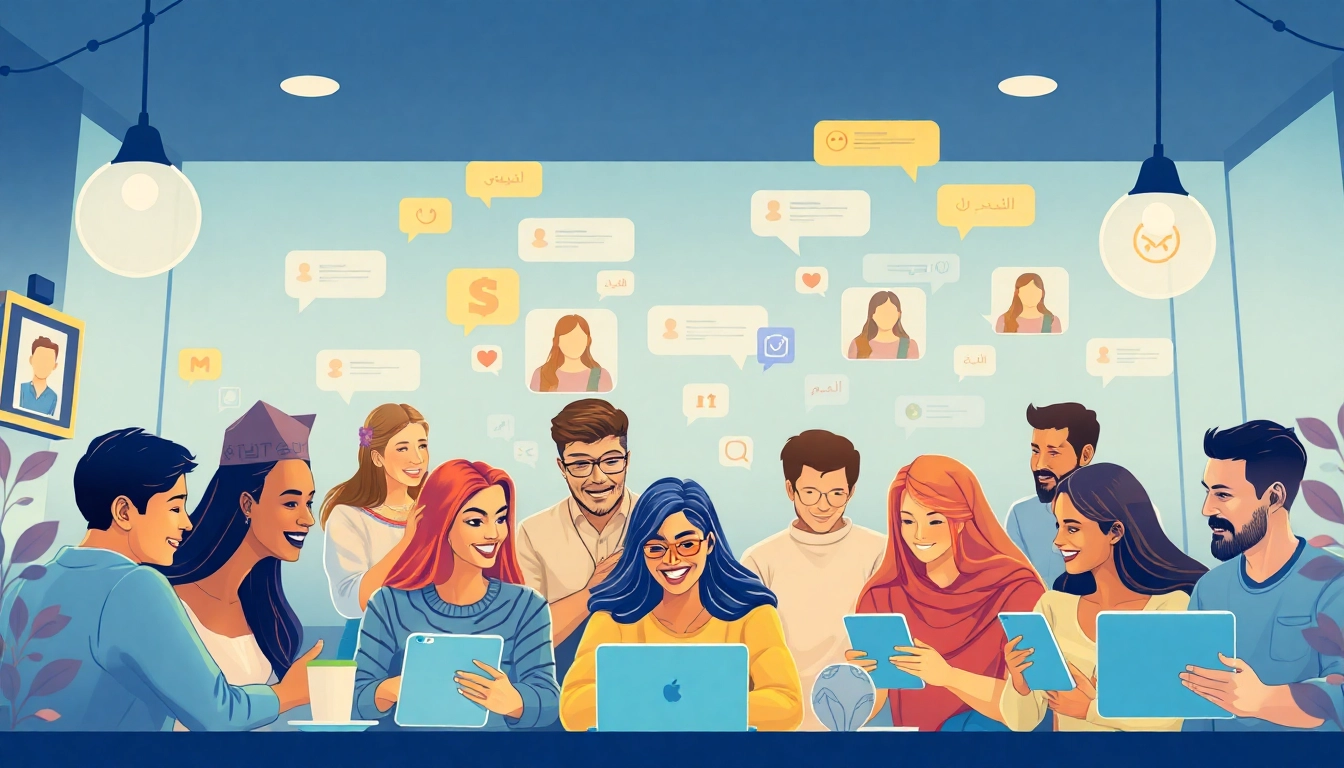 صورة جذابة تُظهر أفرادًا من خلفيات متنوعة في غرفة دردشة عربية عبر الإنترنت نابضة بالحياة.