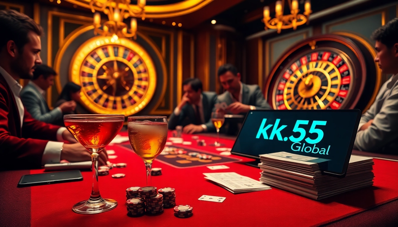 Players strategizing at a live poker table while engaging with https://kk55.global/, showcasing a vibrant casino atmosphere.