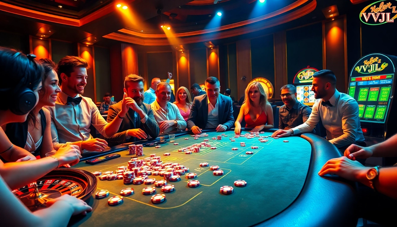 A group of players enjoying a thrilling poker game at a VVJL casino, with vibrant chips and a roulette wheel in view.