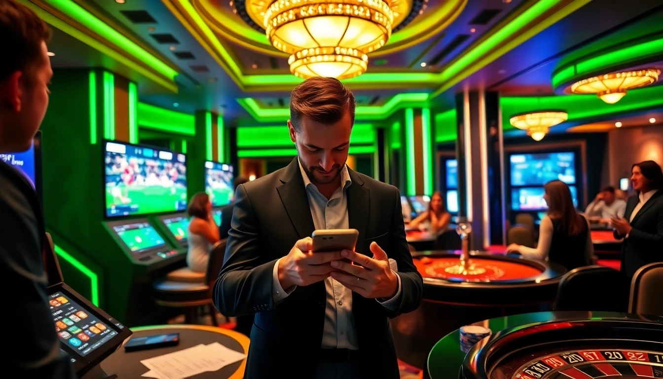 Trải nghiệm cảm giác cá cược đầy hứng khởi với ứng dụng Bet VIP giữa không gian casino sôi động.