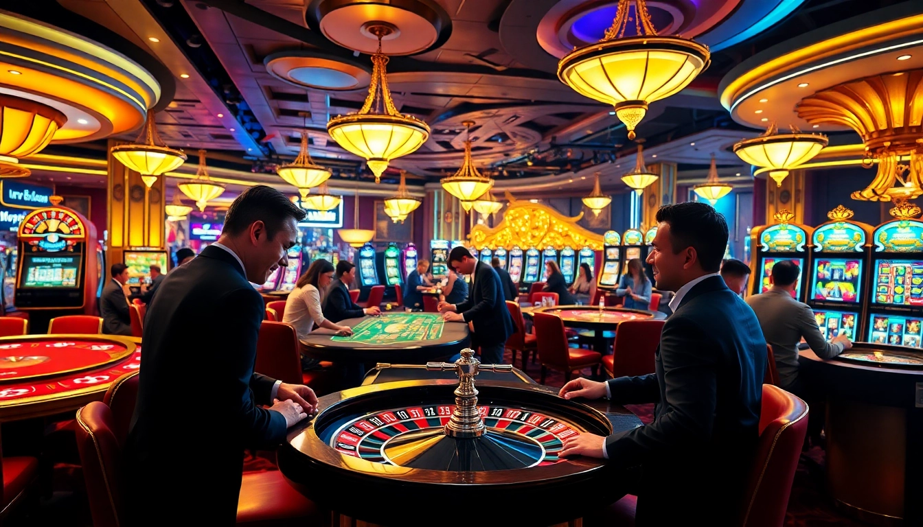 Players enjoying a thrilling experience at urr88.com casino, featuring dynamic tables and illuminated slot machines.