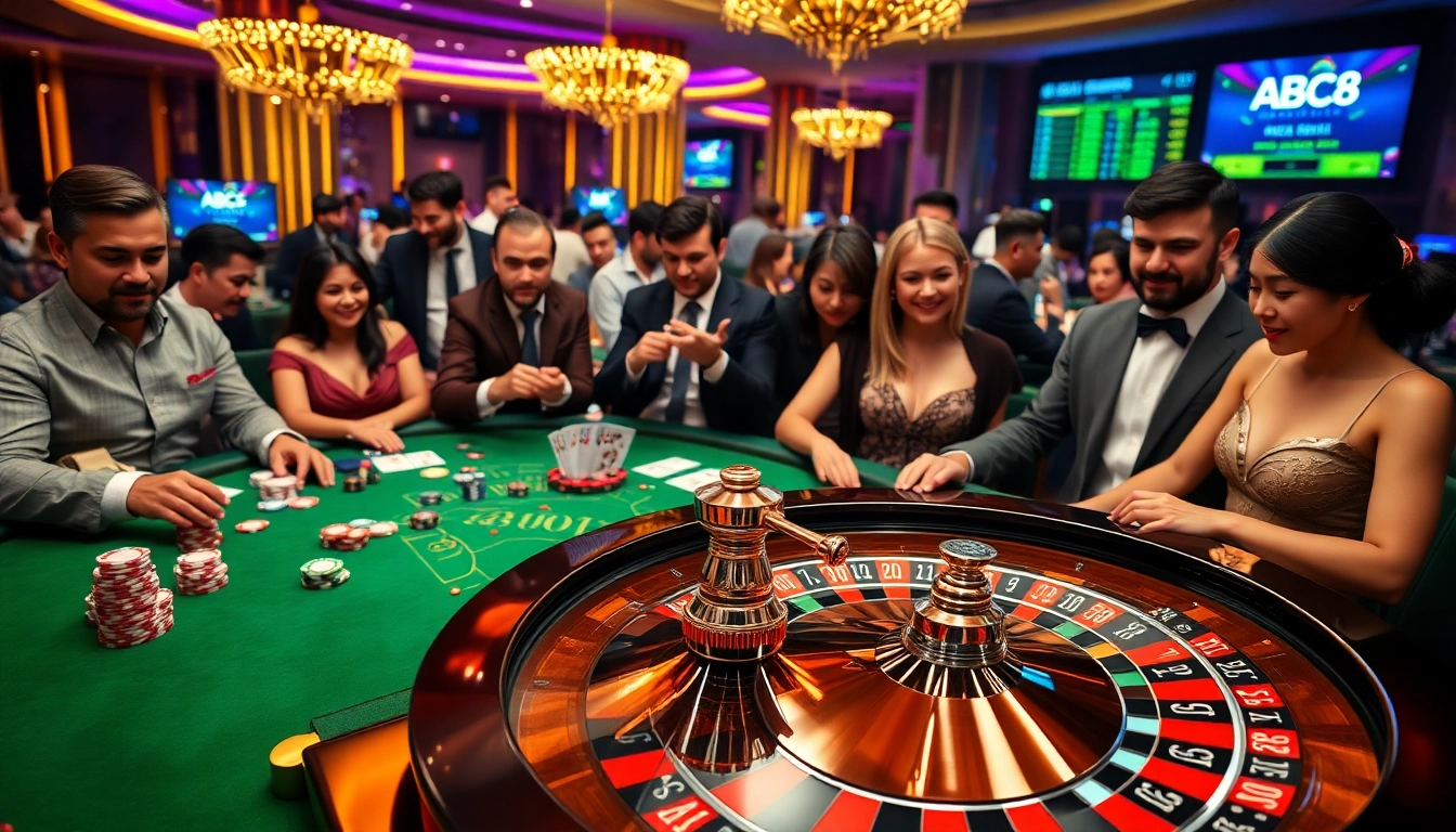 Engaged gamblers at ABC8's luxurious casino table enjoying poker and roulette games.