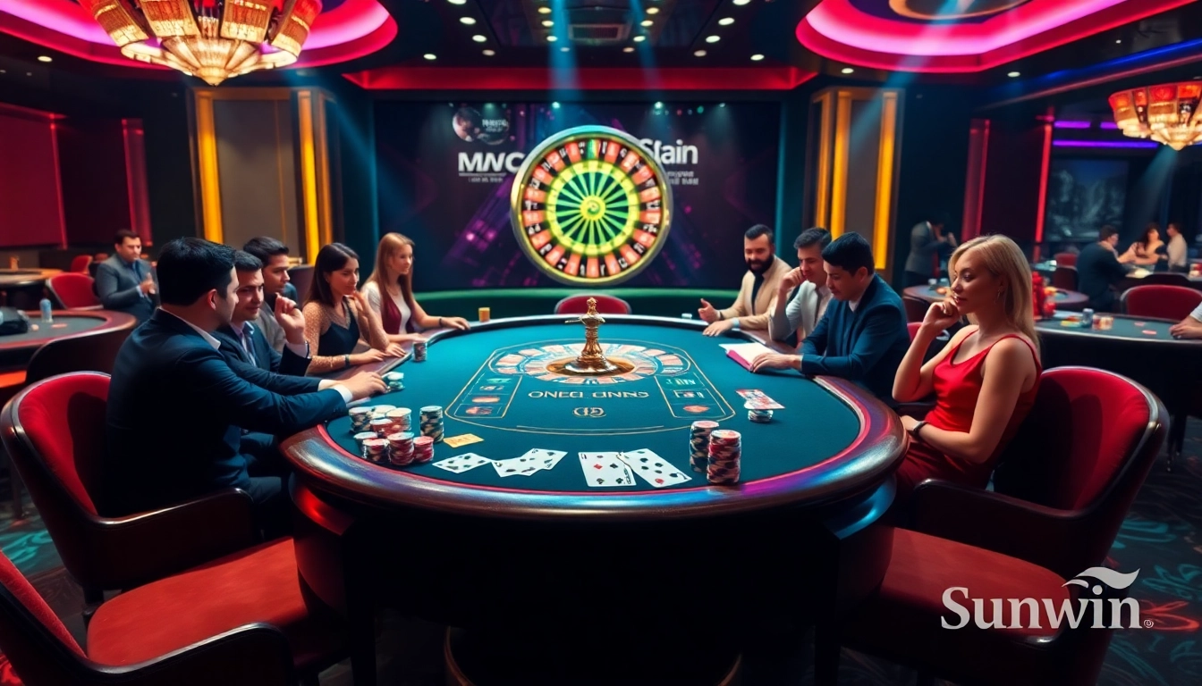 Experience thrilling gameplay at Sunwin with vibrant casino visuals featuring poker tables and roulette wheels.
