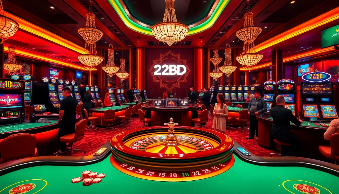 Experience the thrill of 222BD's casino gaming with vibrant tables, colorful slot machines, and stylish players.