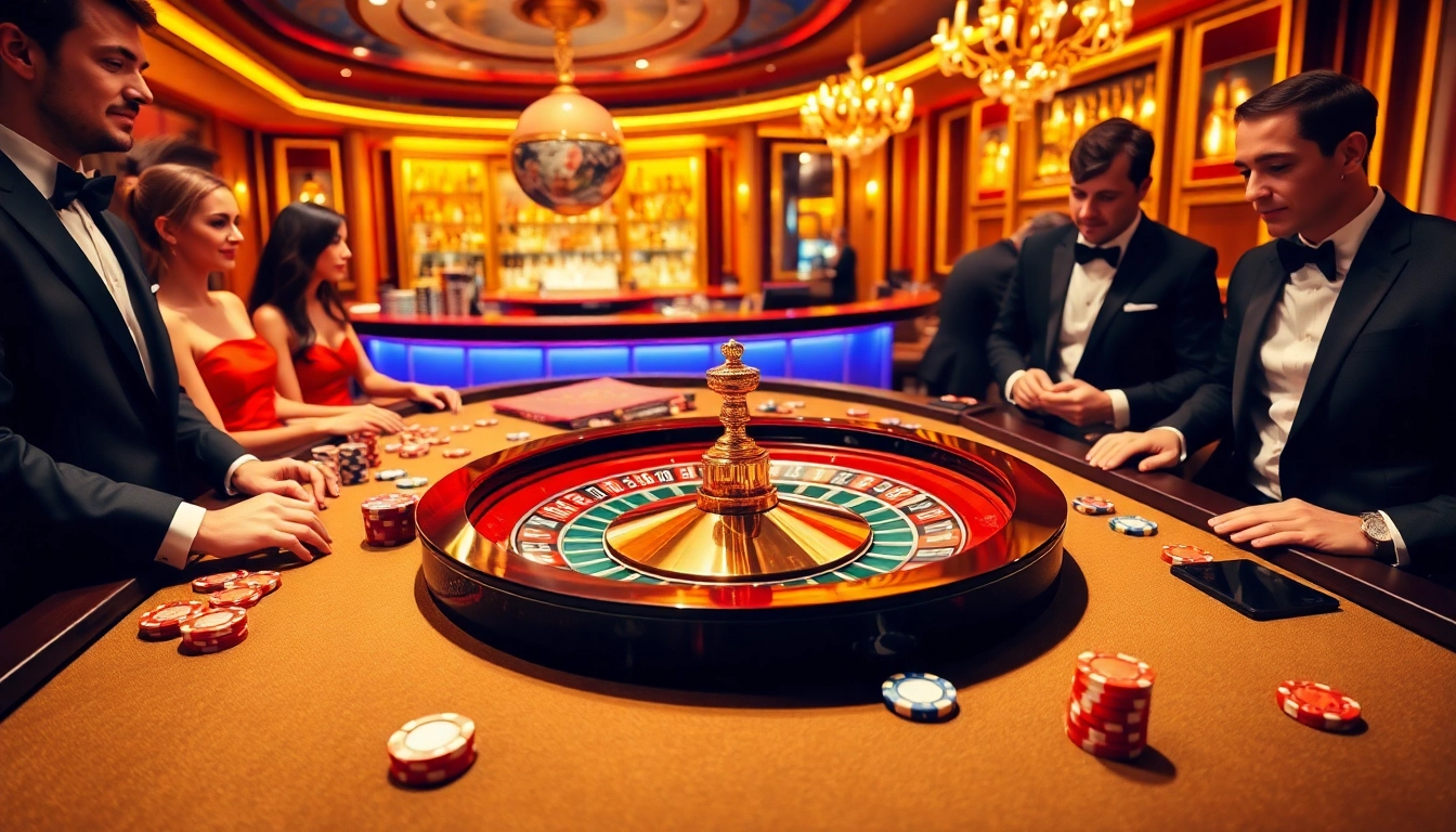 Players enjoying a thrilling game at the luxury casino table at https://nh88vn.com/ with chips and roulette.