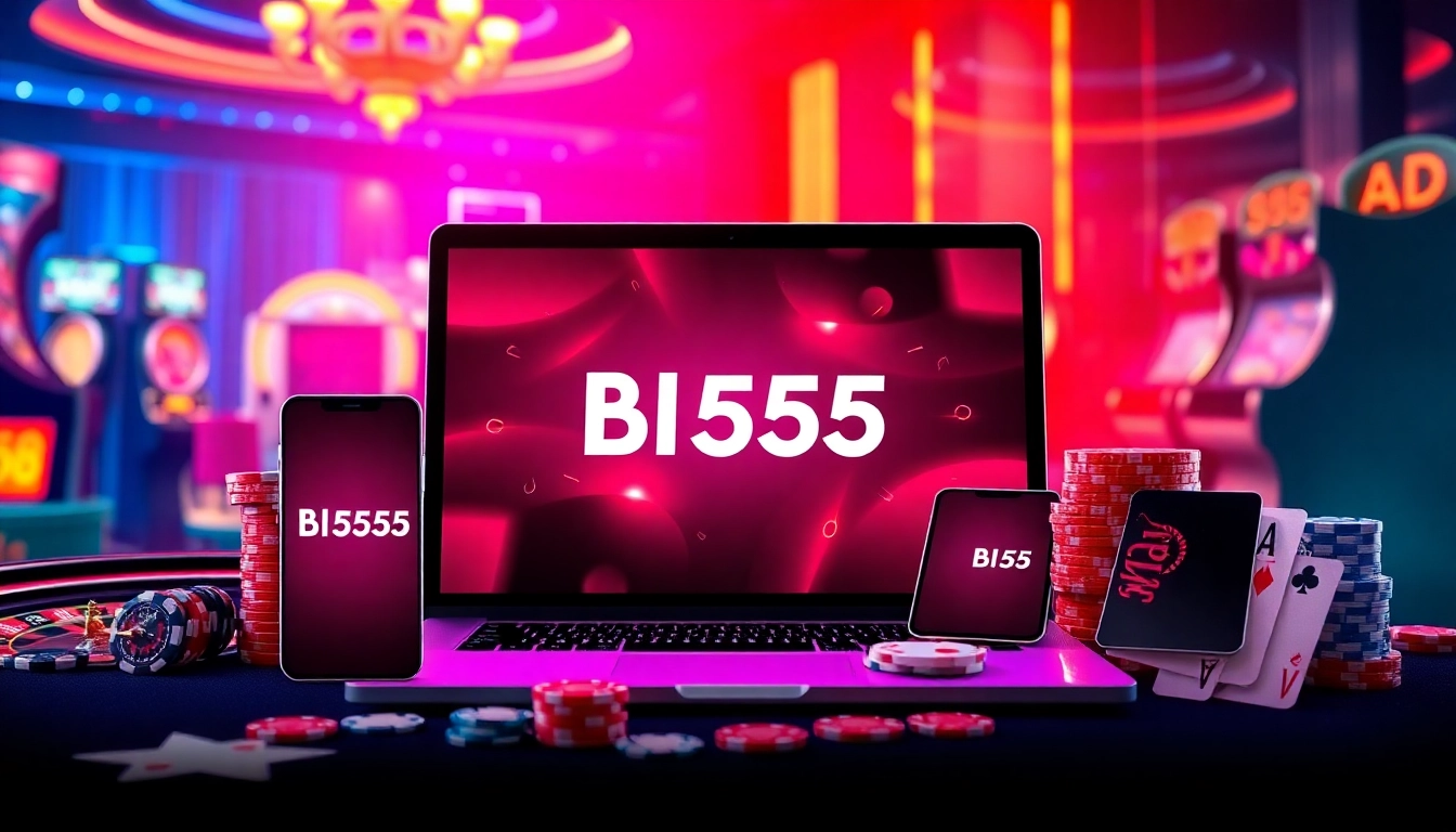 Engage with thrilling casino action on Bl555 featuring vibrant slot machines and poker chips.