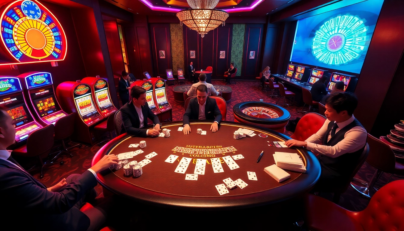 Experience thrilling gambling at https://thabet.vegas/ with vibrant casinos featuring card tables, chips, and illuminated slot machines.